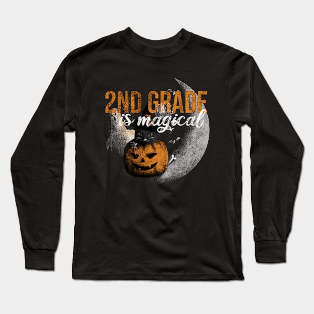 2nd Grade Halloween Magic - Vintage Black Cat and Pumpkin Long Sleeve T-Shirt by Rishirt